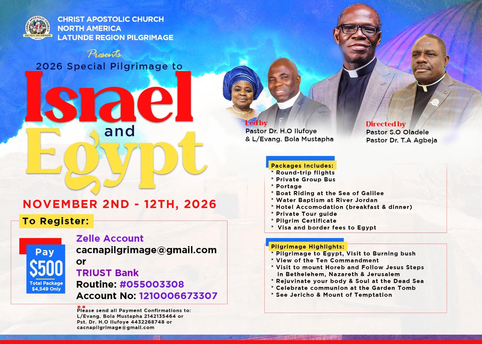 Christ Apostolic Church North America Latunde Region Pilgrimage — 2026 Special Pilgrimage to Israel and Egypt, November 2nd–12th, 2026